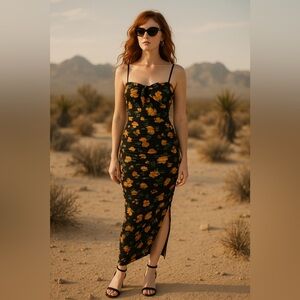 Venus Floral Ruched Midi Dress – Black Yellow Print, Size M, NWOT